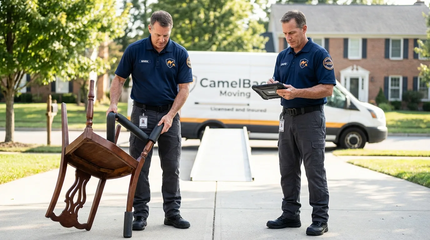 Movers inspecting furniture for damage prevention before loading in Rathdrum, ID